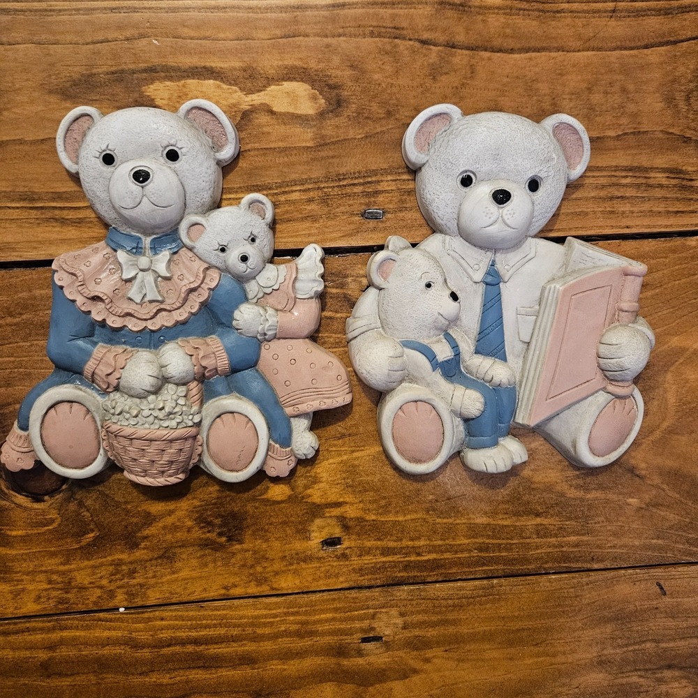 Vintage HOMCO Teddy Bear Wall Plaques Set Mom Dad Baby‎ Nursery Decor 7604 USA